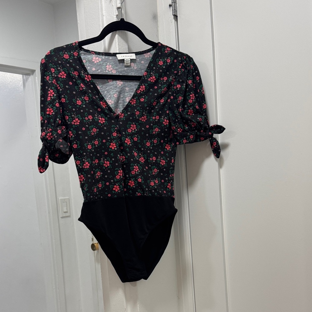 Topshop Black Bodysuit with Red Floral Design